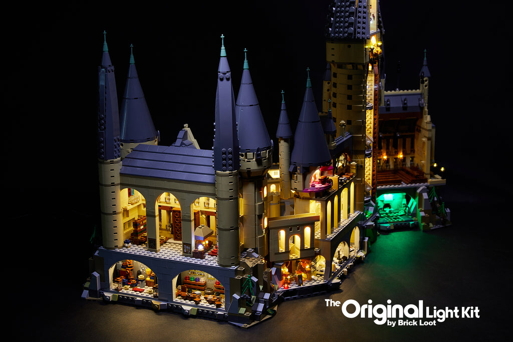 LEGO Harry Potter Hogwarts Castle set 71043 with the Brick Loot LED Light Kit installed.