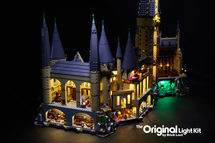 LEGO Harry Potter Hogwarts Castle set 71043 with the Brick Loot LED Light Kit installed.