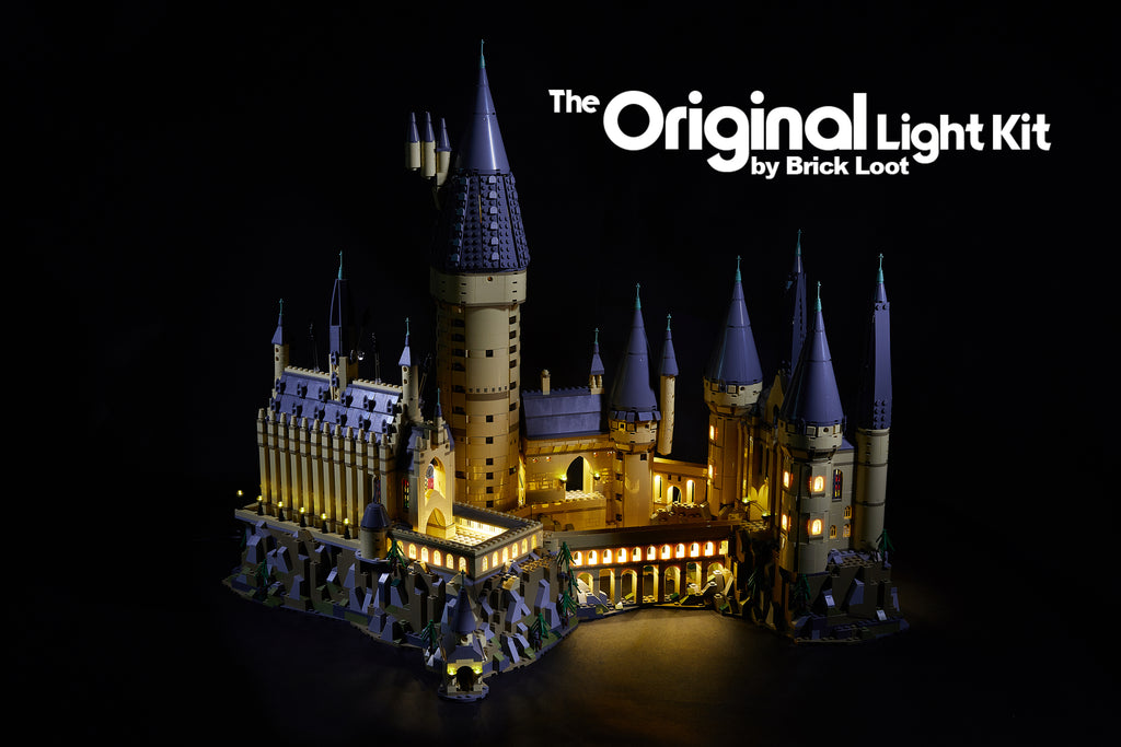 Exterior of the LEGO Harry Potter Hogwarts Castle set 71043 with the Brick Loot LED Light Kit installed.