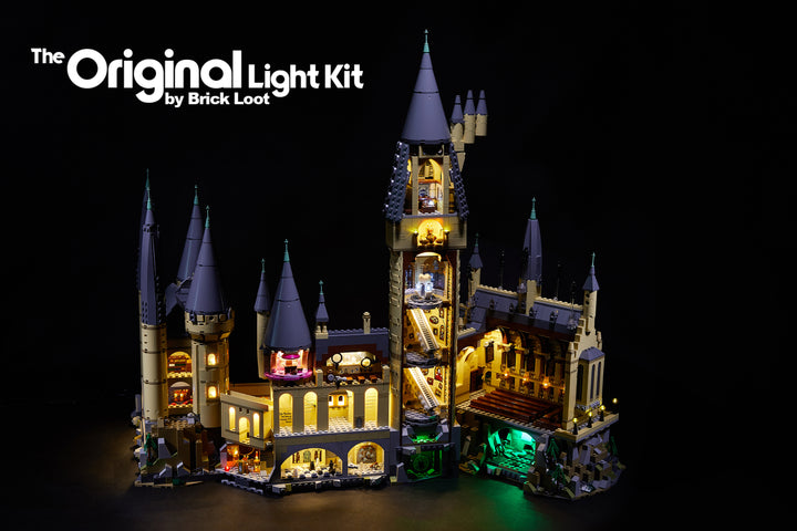 LEGO Harry Potter Hogwarts Castle set 71043 with the Brick Loot LED Light Kit installed.