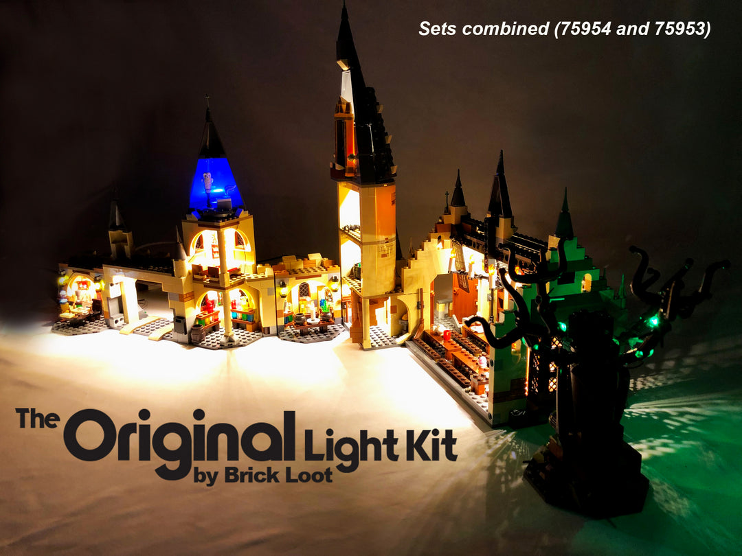 LEGO Harry Potter Hogwarts Whomping Willow set 75953 AND LEGO Harry Potter Great Hall Set 75954 with the colorful Brick Loot LED Light Kits installed. Buy both and save!. 