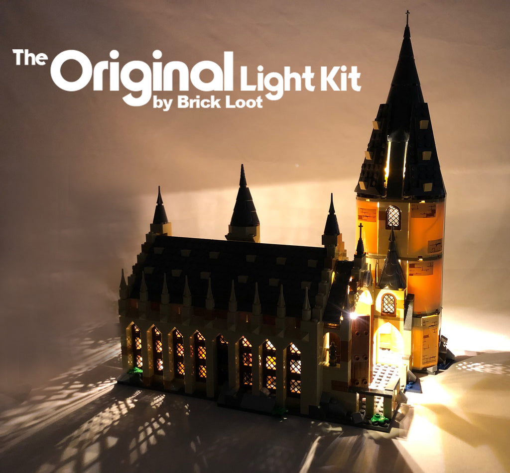LEGO Harry Potter Hogwarts Great Hall 75954, beautifully illuminated with the Brick Loot LED Light Kit installed.
