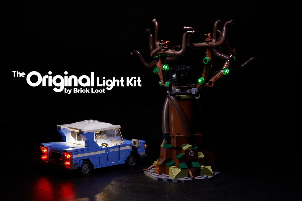 The car and tree from the LEGO Harry Potter Hogwarts Whomping Willow set 75953, lit up with the colorful Brick Loot LED Light Kit.