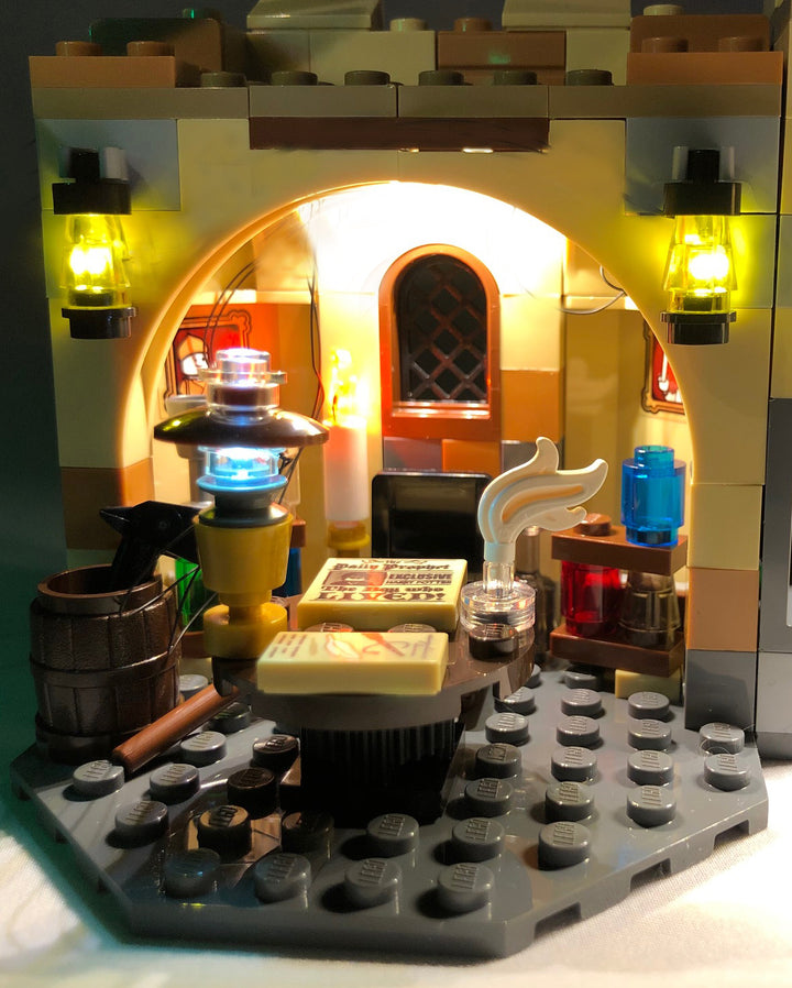 Close-up of the LEGO Harry Potter Hogwarts Whomping Willow set 75953 with the colorful Brick Loot LED Light Kit.
