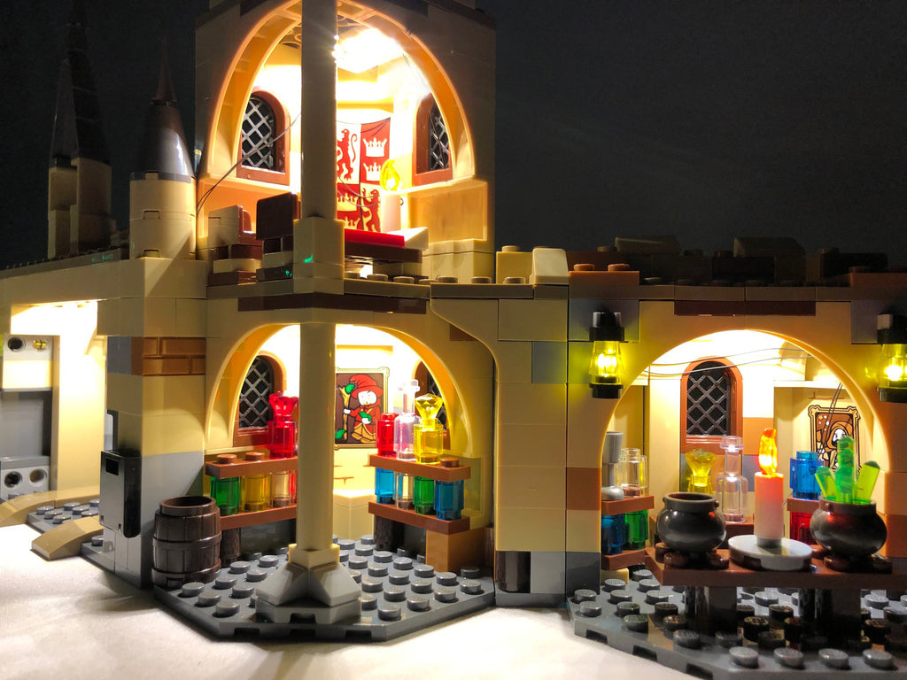 Close up of the inside of the LEGO Harry Potter Hogwarts Whomping Willow set 75953 with the colorful Brick Loot LED Light Kit installed.