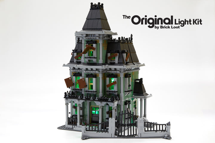 Brick Loot custom LED kit for the Monster Haunted House set 10228. Neon green lights glow in the day or the night. 