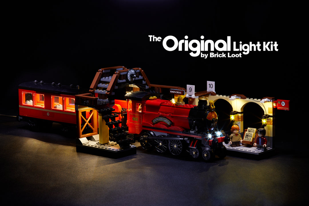 LEGO Harry Potter Hogwarts Express train 75955 with the Brick Loot LED Light Kit.