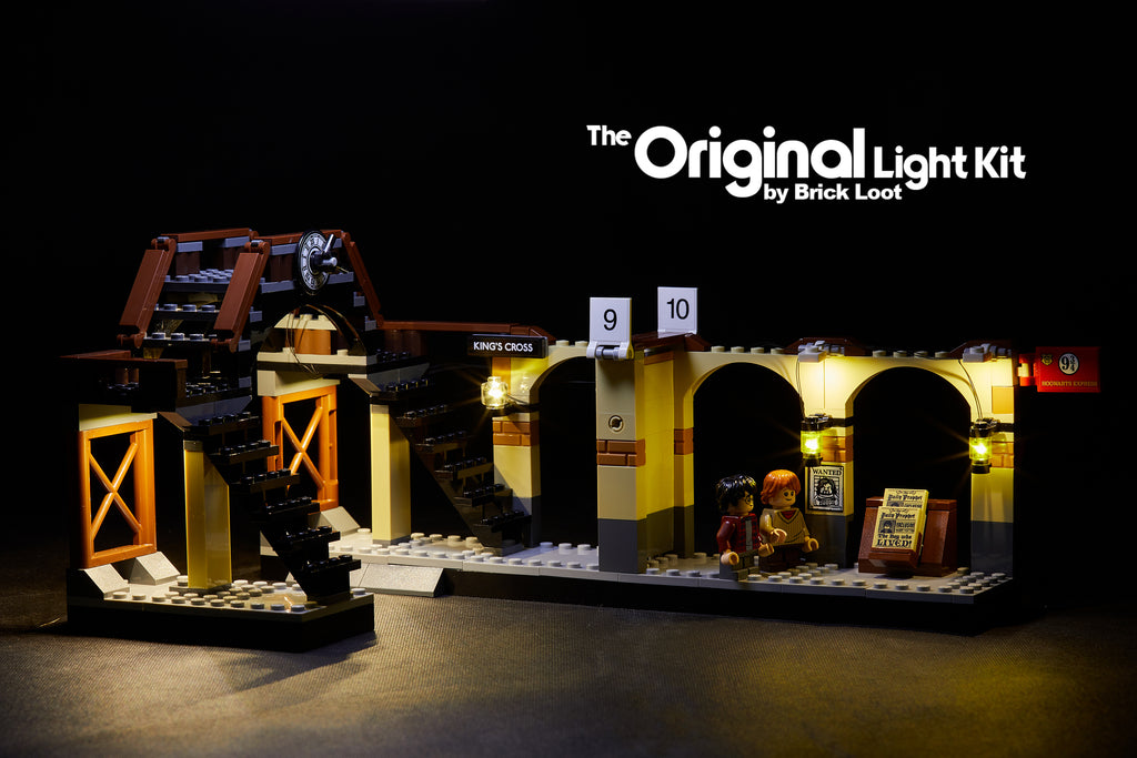 Railway bridge and minifigures, part of the LEGO Harry Potter Hogwarts Express train 75955 with the Brick Loot LED Light Kit.