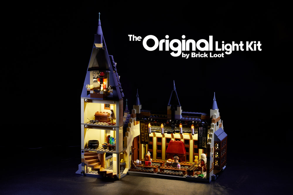 The interior of the LEGO Hogwarts Great Hall set 75954, glowing with the Brick Loot LED Light Kit installed.