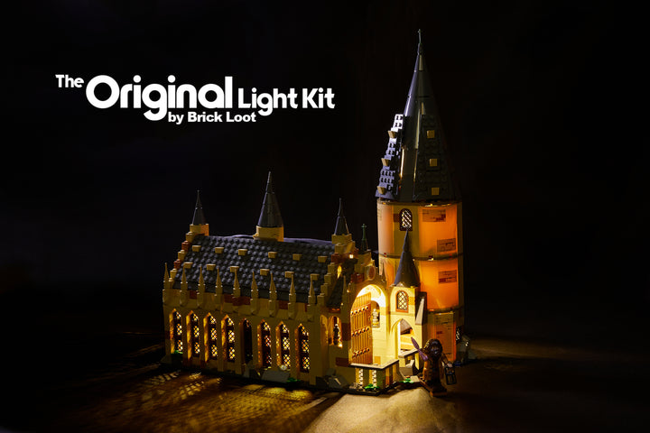 LEGO Hogwarts Great Hall set 75954, glowing with the Brick Loot LED Light Kit installed.