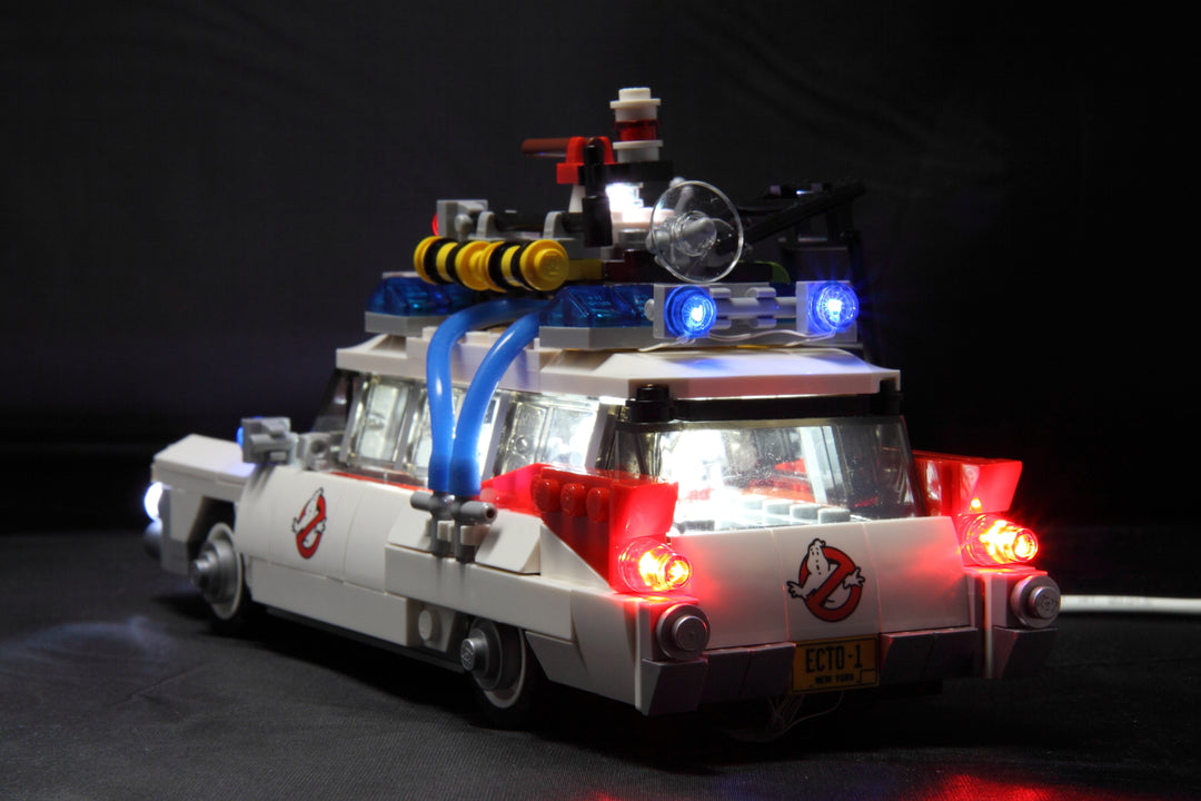 Rear view of the LEGO Ghostbusters Ecto-1 set 21108 with Brick Loot LED Light Kit installed!