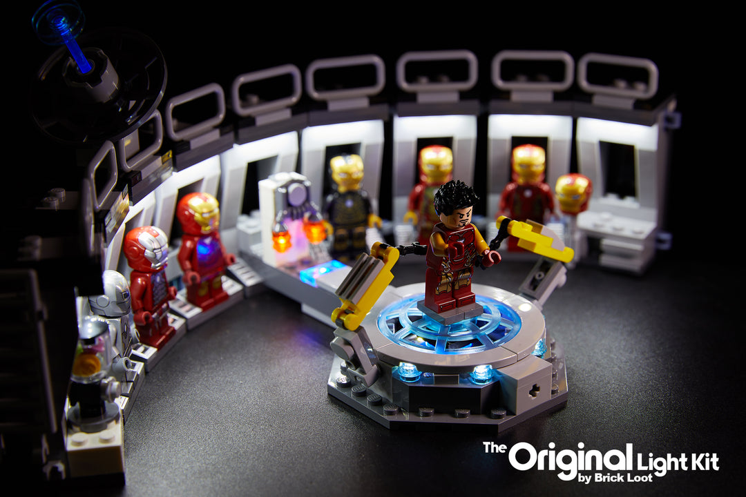 Close-up of the LEGO Iron Man Hall of Armor set 76125 with the Brick Loot LED Light Kit.
