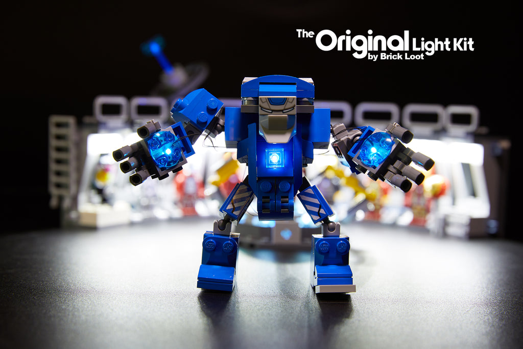 Close up of Igor and the LEGO Iron Man Hall of Armor set 76125 with the Brick Loot LED Light Kit
