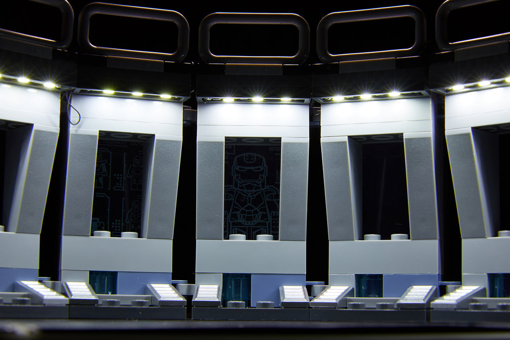 LEGO Iron Man Hall of Armor 76125 second floor kit with the Brick Loot Iron Man LED Light Kit.