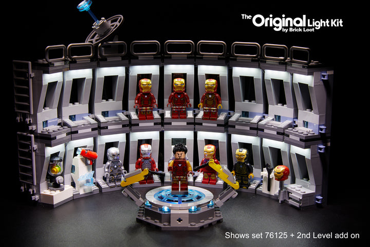 LEGO Iron Man Hall of Armor set 76125 with the second floor LEGO set and the Brick Loot LED Light Kit with the Iron Man second floor light kit.