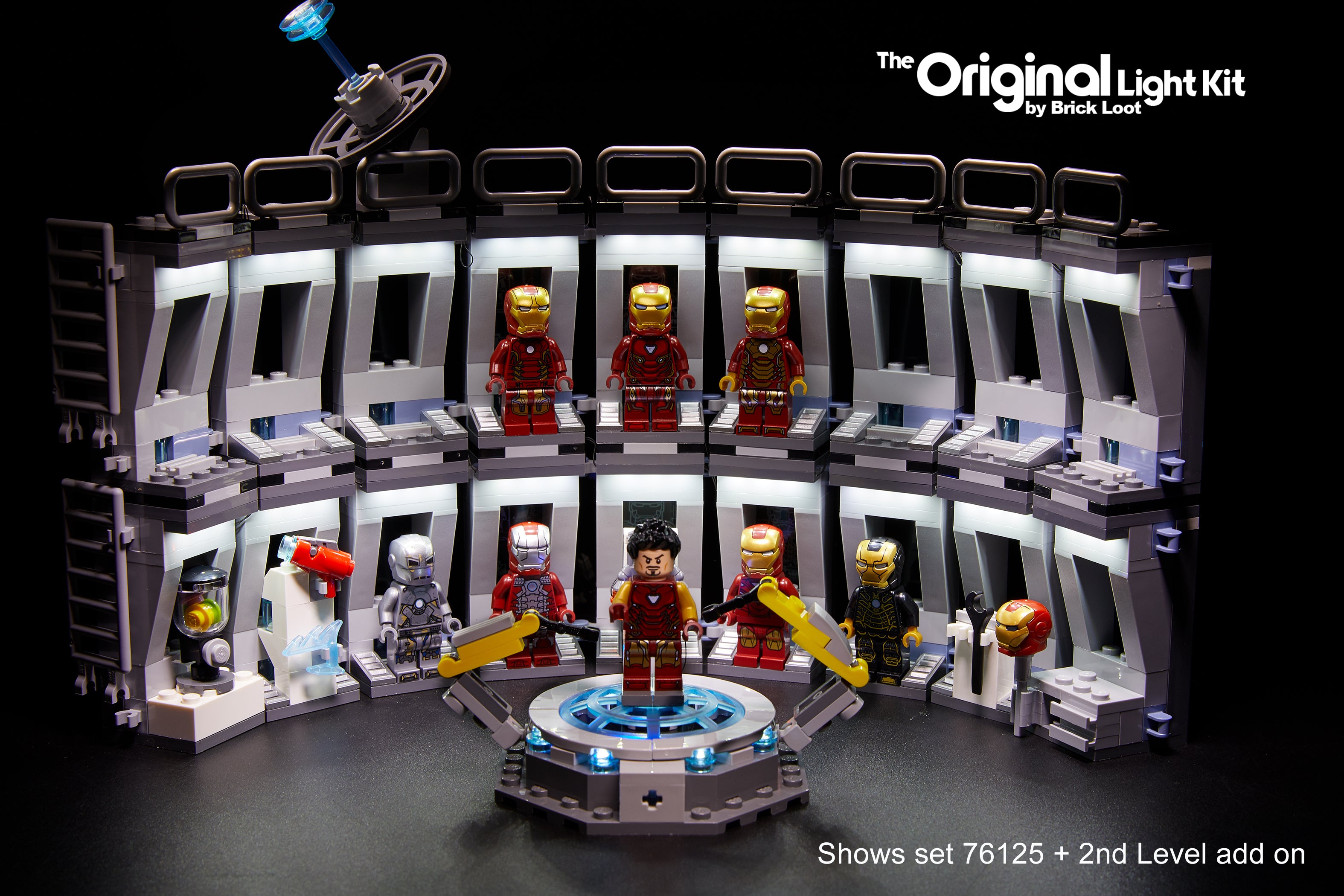 LEGO Iron Man Hall of Armor set 76125 with the second floor LEGO set and the Brick Loot LED Light Kit with the Iron Man second floor light kit.