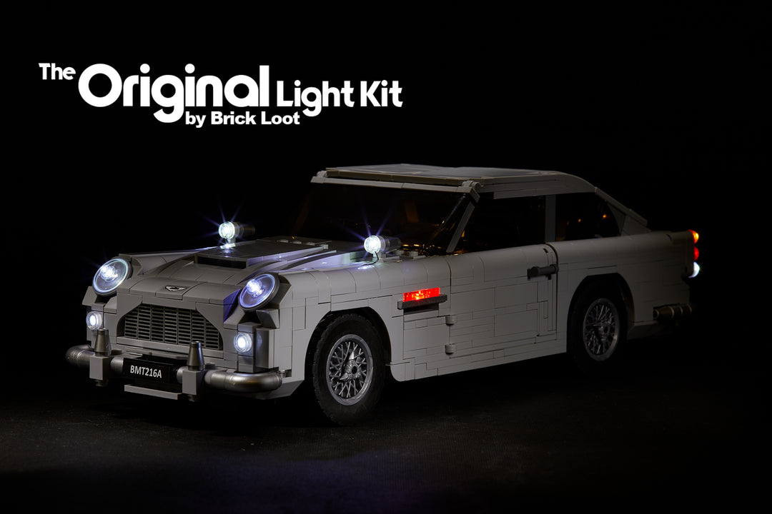 LEGO James Bond Aston Martin DB5 model - set 10262, illuminated with the Brick Loot custom LED light kit.