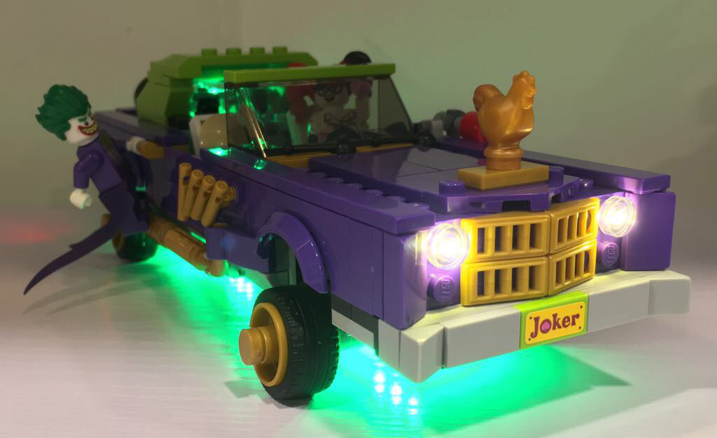 LEGO Batman Movie The Joker Notorious Lowrider car set 70906 with the Brick Loot LED Light Kit installed.
