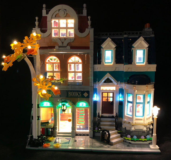 Brick Loot LED Lighting Kit for LEGO® Creator Expert Bookshop set 10270. The interior and exterior of this LEGO set is beautifully illuminated!