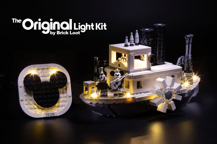 LEGO Disney Steamboat Willie set 21317 with Brick Loot LED Lights.