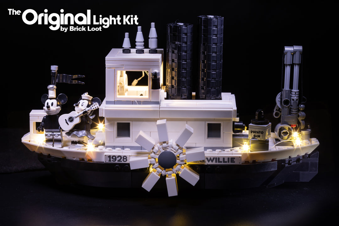 Side view of the LEGO Disney Steamboat Willie set 21317 with Brick Loot LED Lights.