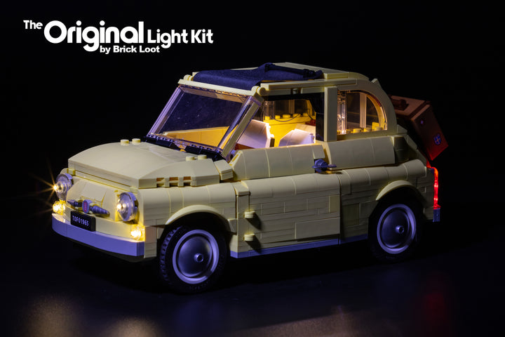 LEGO Fiat 500 set 10271 with the custom Brick Loot LED Light kit installed.  