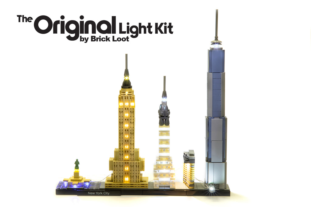 LEGO Architecture New York City set 21028 beautifully lit up with the Brick Loot LED Light Kit - brilliant day or night. 