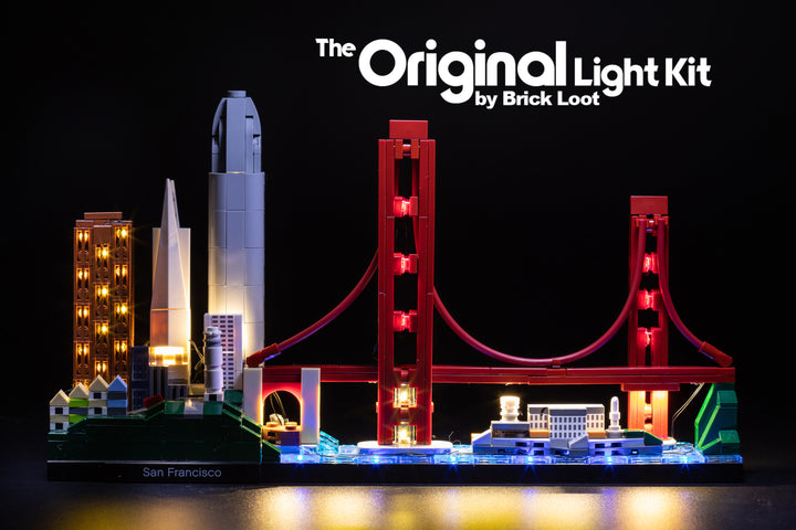 LEGO Architecture San Francisco Skyline set 21043, illuminated by the Brick Loot LED Light Kit. 