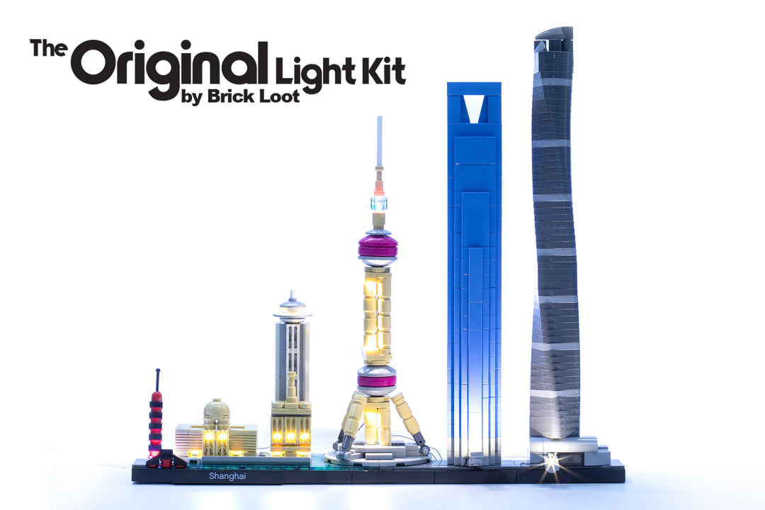 LEGO Architecture Shanghai set 21039 with the Brick Loot LED Light Kit installed, brilliant day and night.