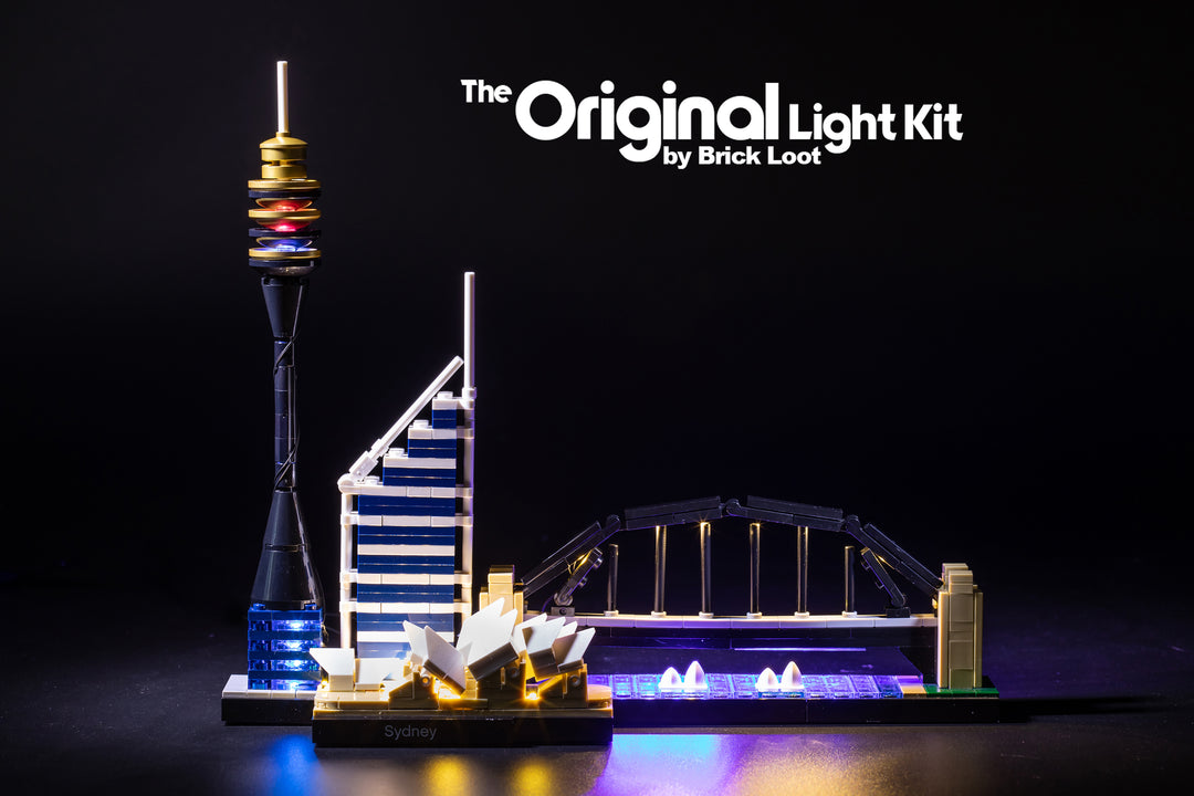 LEGO Architecture Sydney Skyline set 21032, illuminated with the Brick Loot LED Light Kit. 