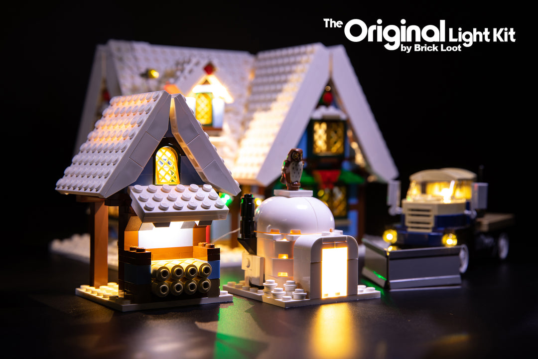 LEGO Winter Village Cottage set 10229, beautifully illuminated with the Brick Loot LED Light Kit.