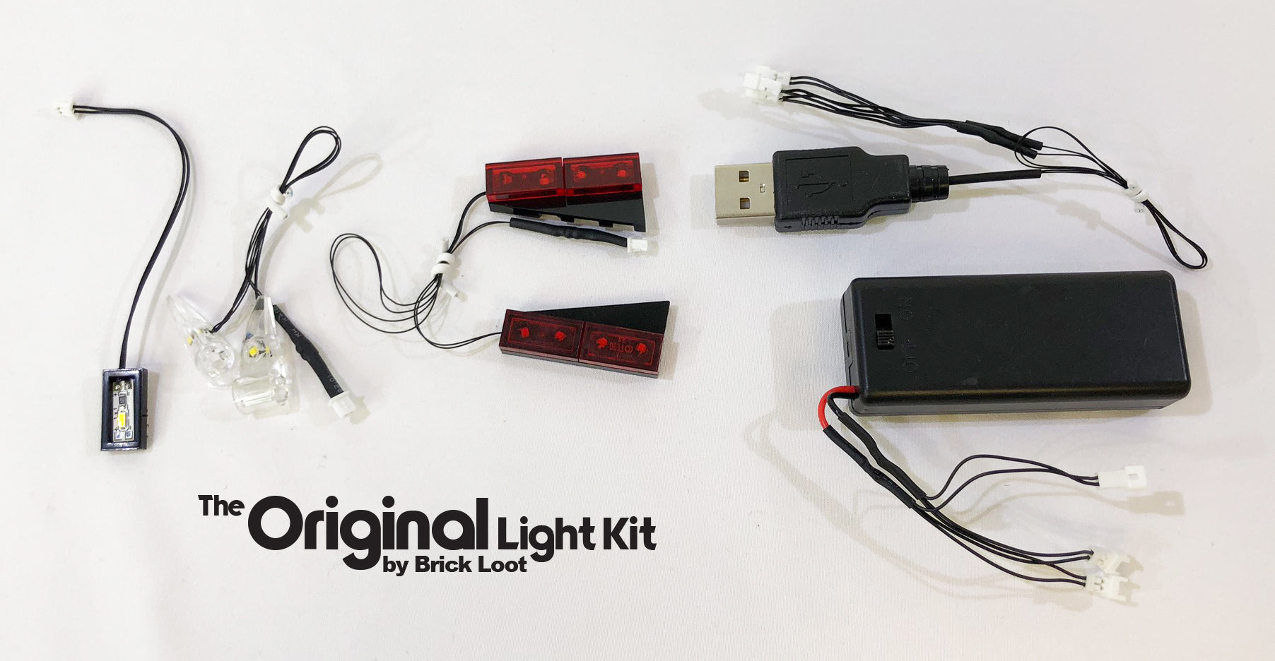 Brick Loot LED Light Kit strings, USB plug and battery pack, custom-designed for the LEGO Technic Chevrolet Corvette ZR1 set 42093. USB and battery pack are both included so you can choose the power supply!