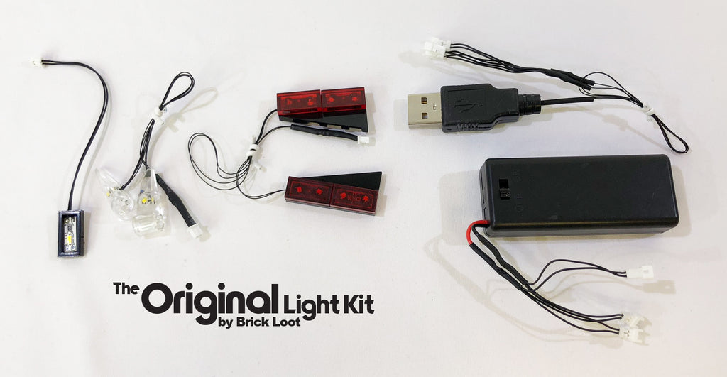 Brick Loot LED Light Kit strings, USB plug and battery pack, custom-designed for the LEGO Technic Chevrolet Corvette ZR1 set 42093. USB and battery pack are both included so you can choose the power supply!