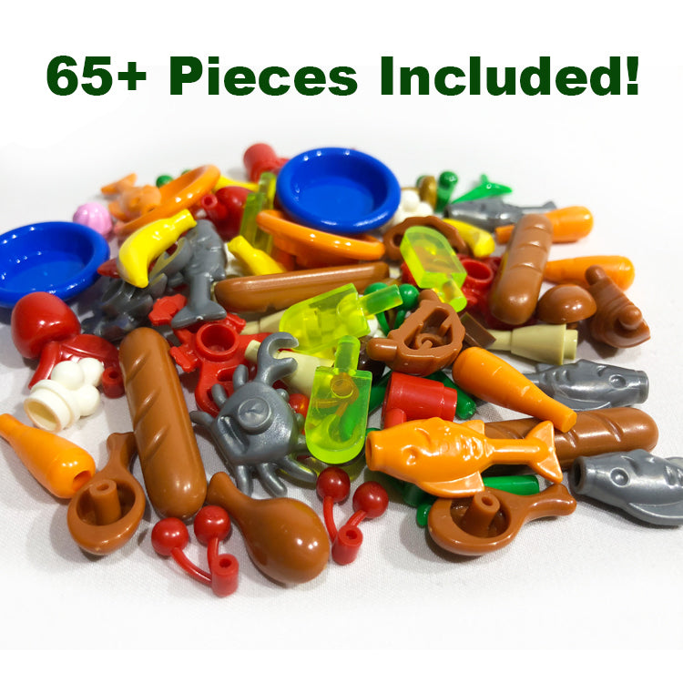 Brick Loot Toy Food Accessory Pack Brick Compatible for Major Brick Brands and Minifigures 65 pieces (including chicken, bread, bananas, cherries, fish, crab, lobster, ice cream, plates, cups, and more)