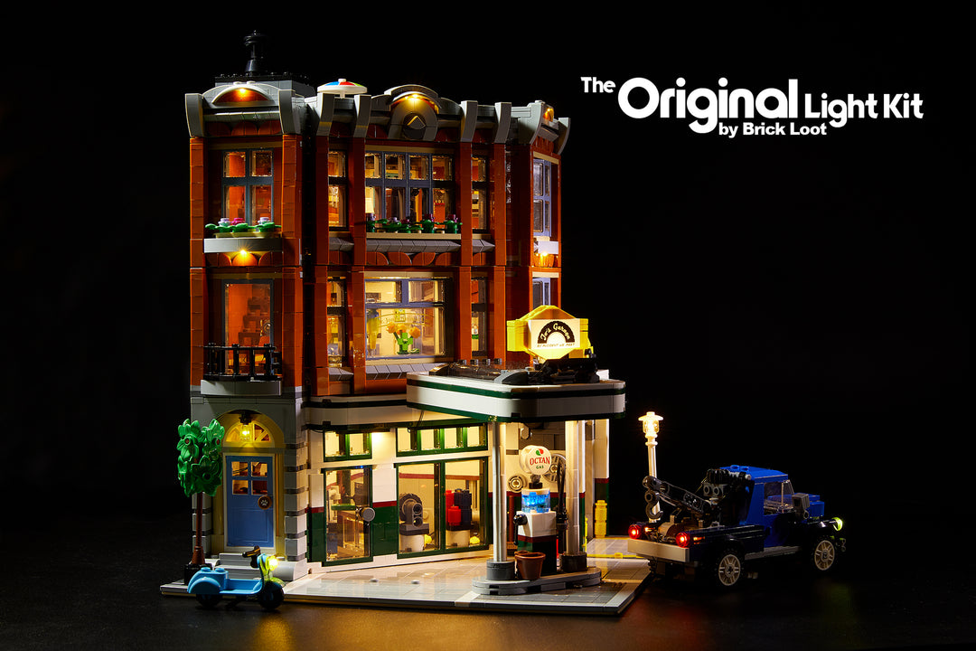 LEGO Corner Garage set 10264, fully illuminated with the Brick Loot custom light kit with 116 LEDs to light up the inside, the exerior, and the tow truck!