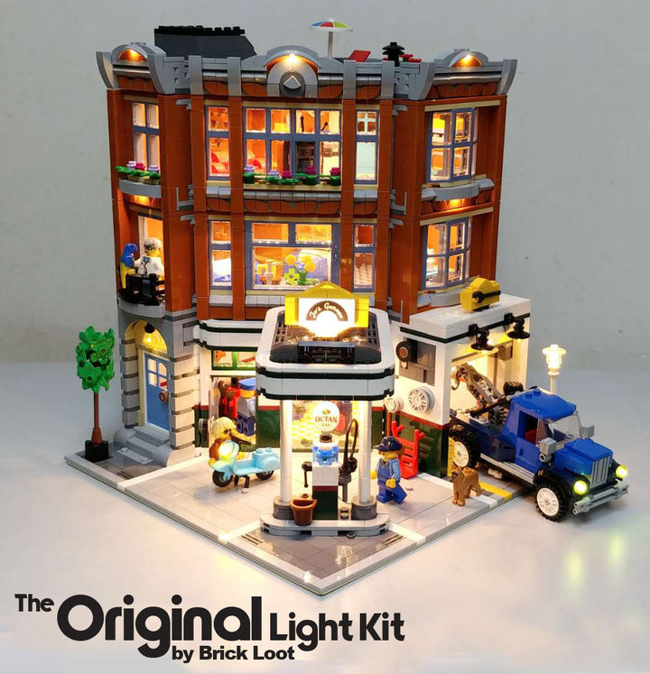 LEGO Corner Garage set 10264, fully illuminated with the Brick Loot custom light kit with 116 LEDs to light up the inside, the exerior, and the tow truck!