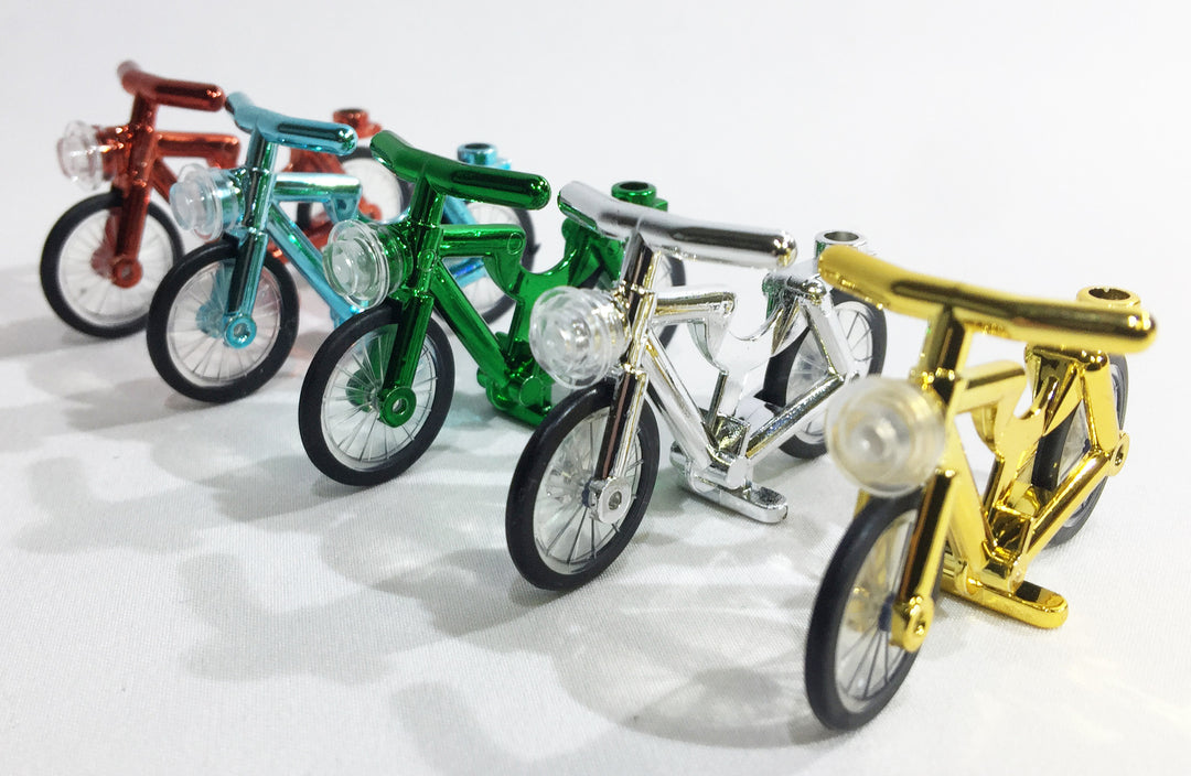 Brick Loot Minifigure Bicycles Chrome Bikes for LEGO® and other major brick brands. Available in red, blue / azure, green, silver, yellow / gold.