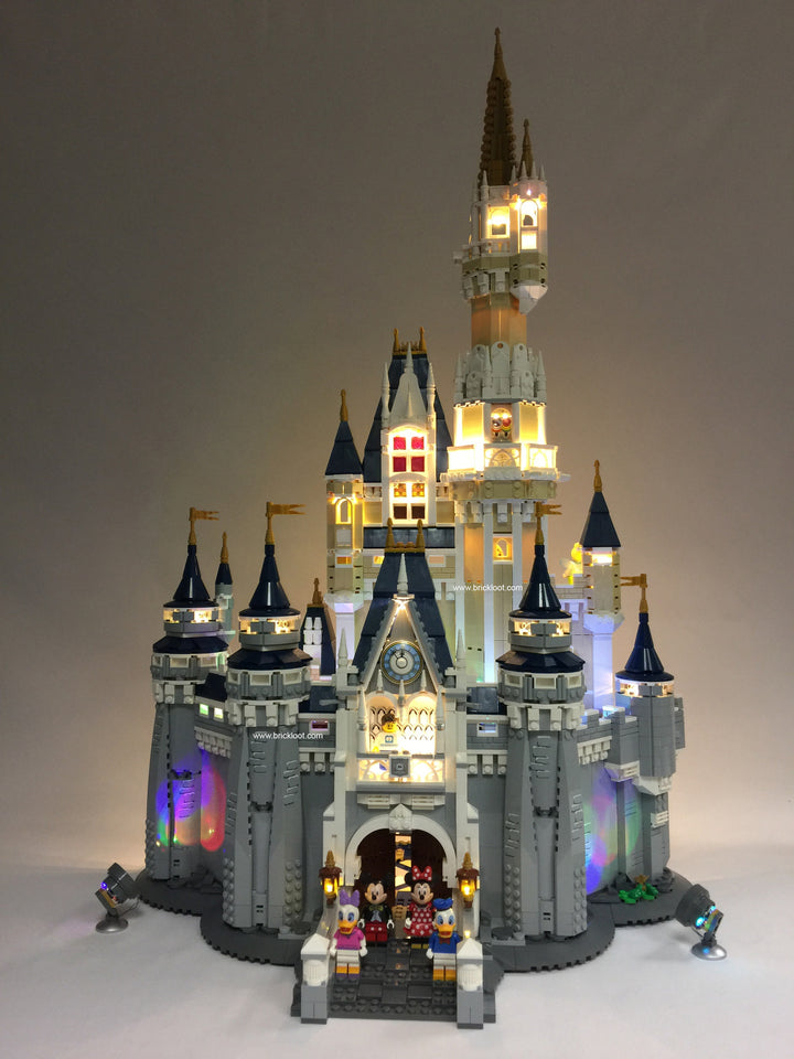Exterior of the LEGO Disney Castle set 71040, beautifully illuminated with the Brick Loot LED Light Kit with 105 LED lights.