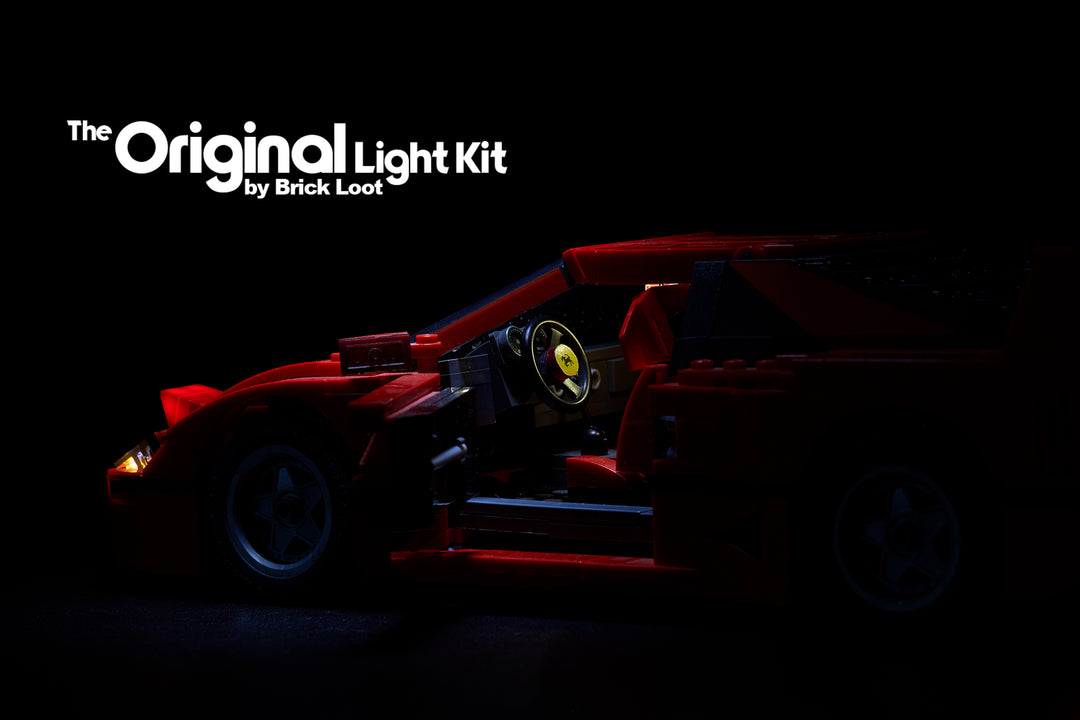 Brick Loot custom LED lighting kit for the LEGO Ferrari F40 set 10248. This close-up images shows the head lights and interior lights 