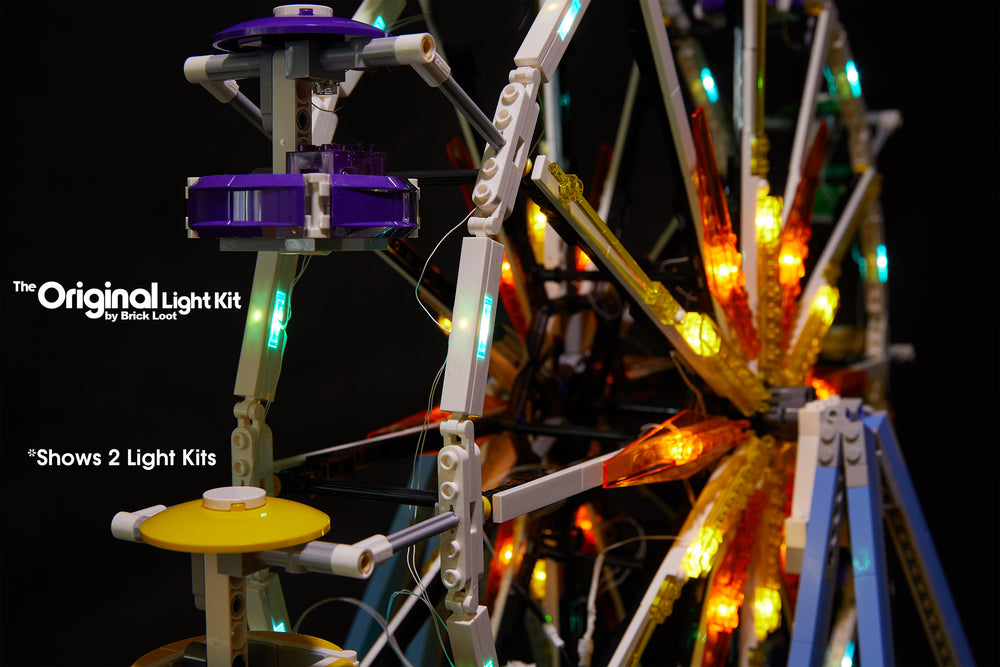 Close up of the Brick Loot LED lighitng kit installed on the LEGO Ferris Wheel set 10247.