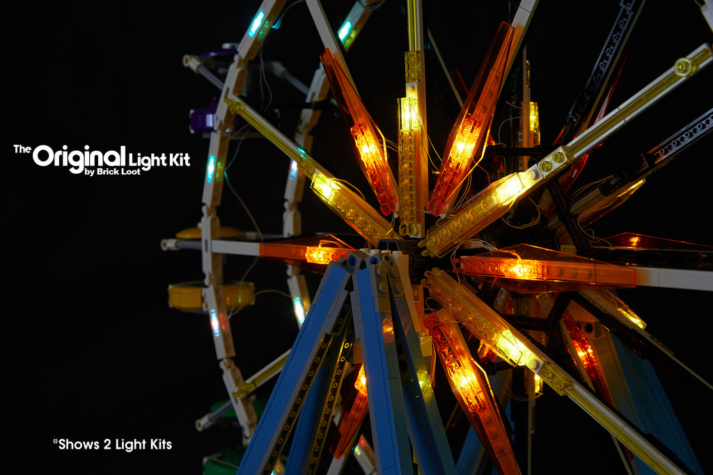 Close up of the Brick Loot LED lighitng kit installed on the LEGO Ferris Wheel set 10247.