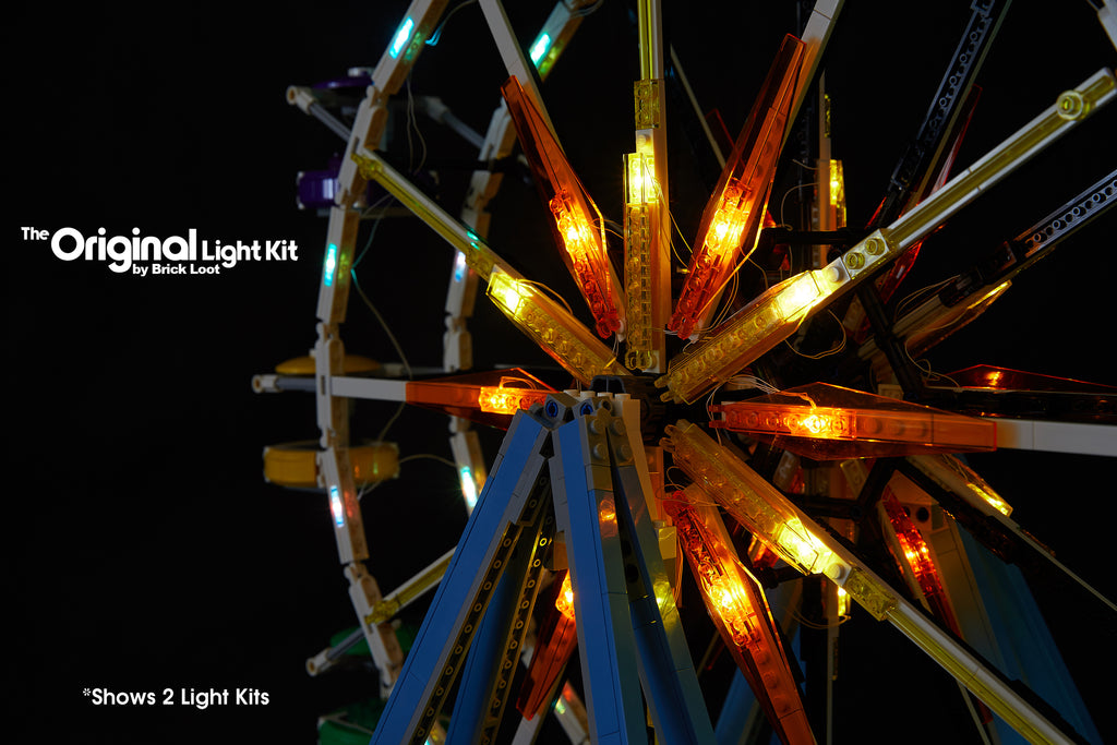 Close up of the Brick Loot LED lighitng kit installed on the LEGO Ferris Wheel set 10247.