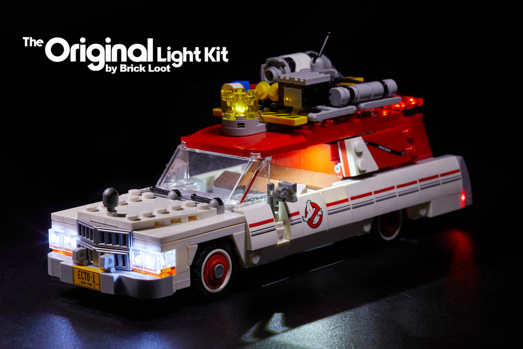 LEGO Ghostbusters Ecto-1 & 2 car set 75828 with the Brick Loot LED Light Kit.