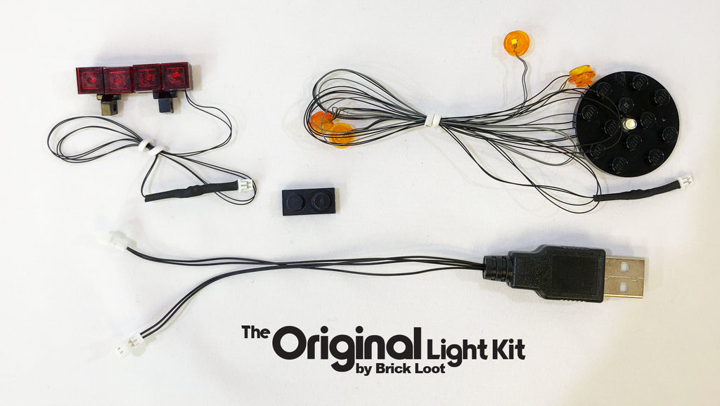 Brick Loot LED light strings, custom-designed for the LEGO Harley Davidson Fat Boy Motorcycle set 10269. The LED strings easily connect to the USB (pictured) with mini plugs. 