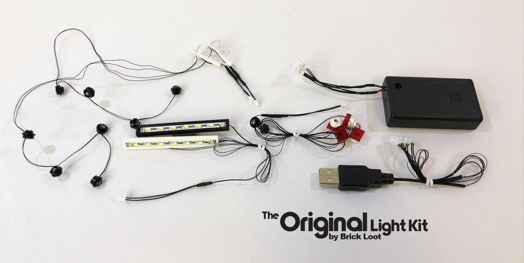 Brick Loot Light Kit LED strings, USB plug, and battery pack, custom-designed for the LEGO Land Rover Defender set 42110. Battery pack and USB are both incuded so you can choose the power source!