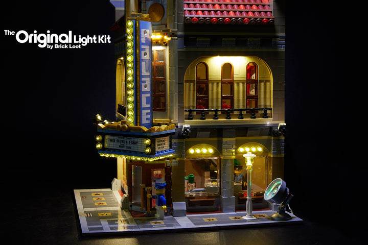 Close-up of the Brick Loot Canopy Light kit for the LEGO Palace Cinema set 10232. The main light kit includes a lamp post light and multi-color spot light.