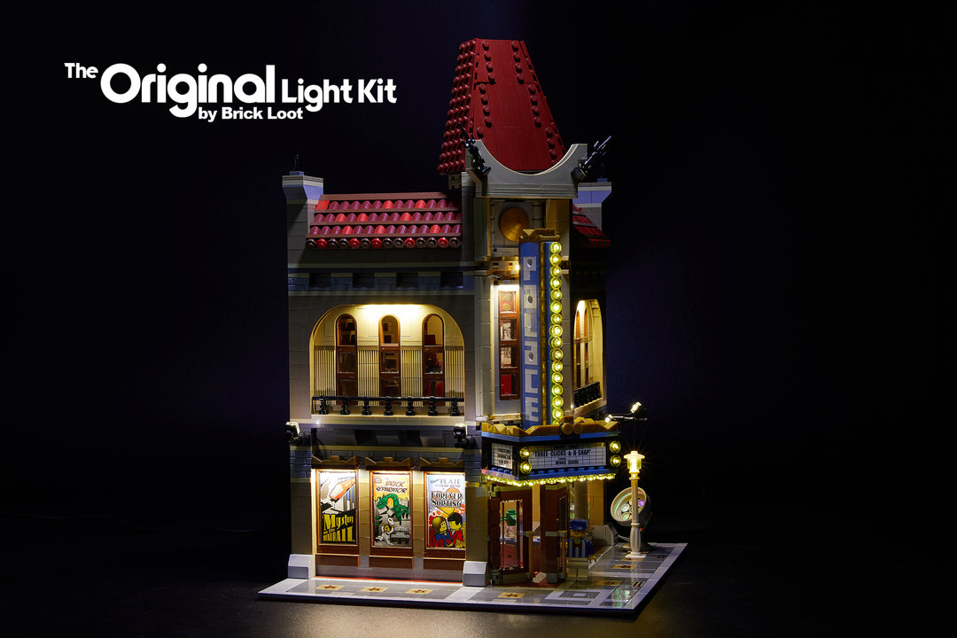 Brick Loot LED Lighting Kit installed on the LEGO Palace Cinema 10232 including the optional canopy lights. The main light kit includes a lamp post light and multi-color spot light. 