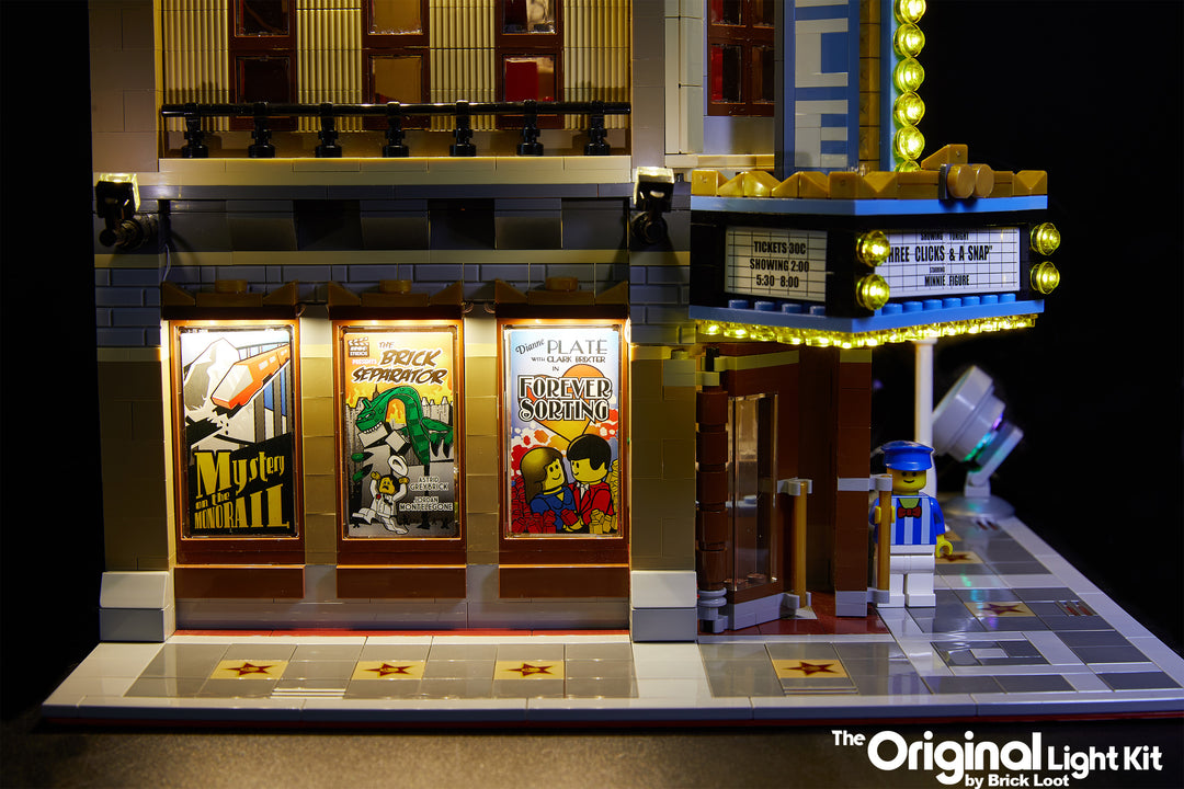 Brick Loot LED Lighting Kit installed on the LEGO Palace Cinema 10232 including the optional canopy lights.