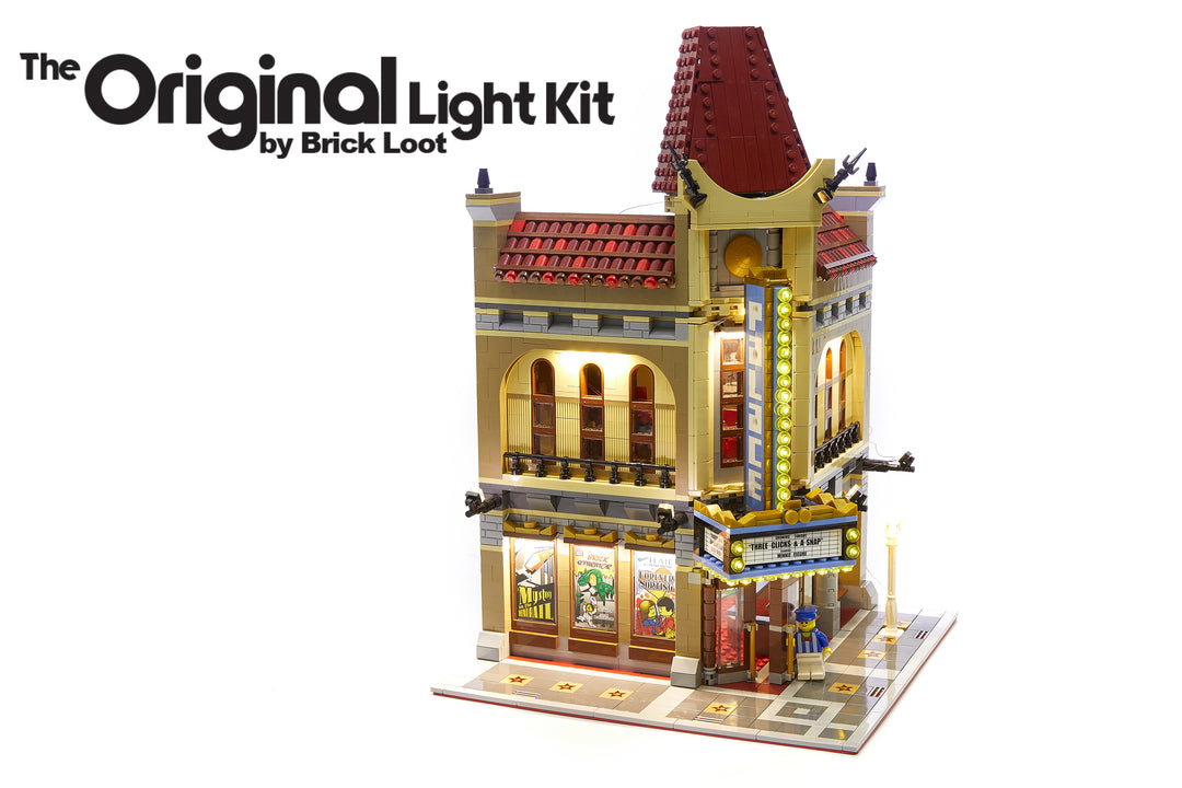 Brick Loot LED Lighting Kit installed on the LEGO Palace Cinema 10232 including the optional canopy lights. Brilliant at day and at night.