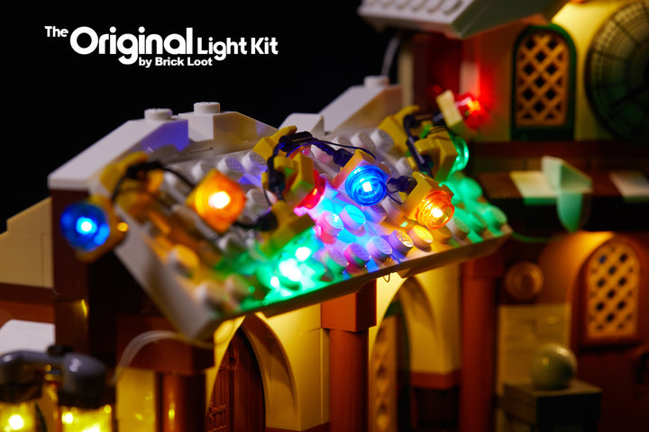 Close up of the Brick Loot Original LED Light Kit installed on the LEGO Santa's Workshop 10245 set.